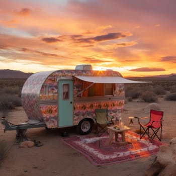 This breathtaking image features a vintage camper trailer parked on the edge of a rocky desert landscape, with a stunning sunrise visible in the background. The trailer's exterior is painted with a colorful southwestern pattern, giving it a unique and charming appearance. Outside the trailer, a small campfire is visible, providing a cozy spot to relax and enjoy the beauty of the surrounding area. A set of camping chairs and a small table are set up outside the trailer, offering a comfortable spot to watch the sunrise and start the day off right.