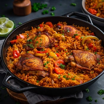 Indulge in the flavors of West Africa with this vibrant Nigerian Jollof rice dish! Made with fluffy and aromatic rice, flavorful tomato-based sauce, and mixed vegetables, this dish is topped with juicy pieces of chicken for added protein.