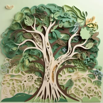 This image features a paper cutout of a tree rendered in shades of green and brown, surrounded by a variety of other environmental cutouts arranged in a flowing, organic pattern. The overall effect is visually striking and informative, emphasizing the importance of protecting our planet's forests and natural resources.