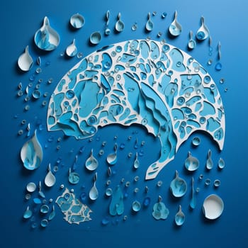 This image features a series of paper cutouts arranged in a flowing, organic pattern. The cutouts are in the shape of water droplets and are set against a backdrop of a vibrant blue ocean, emphasizing the importance of water conservation and protecting our planet's oceans. The overall effect is visually striking and informative, conveying an important message about the need to preserve our planet's natural resources and protect our environment.