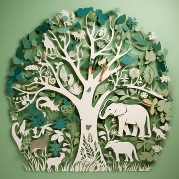 This image features a paper cutout of a tree rendered in shades of green and brown, surrounded by a variety of other plant and animal cutouts arranged in a flowing, organic pattern. The overall effect is visually striking and informative, highlighting the importance of protecting our planet's ecosystems.