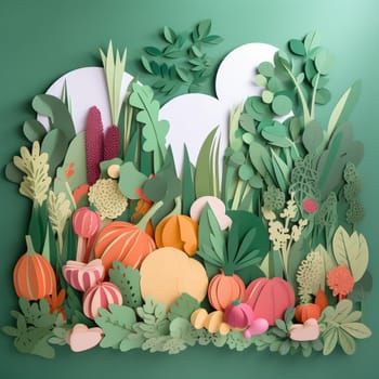 This image features a series of paper cutouts of different types of food arranged in a flowing, organic pattern against a backdrop of a green garden. The overall effect is visually striking and informative, highlighting the importance of sustainable agriculture and reducing food waste.