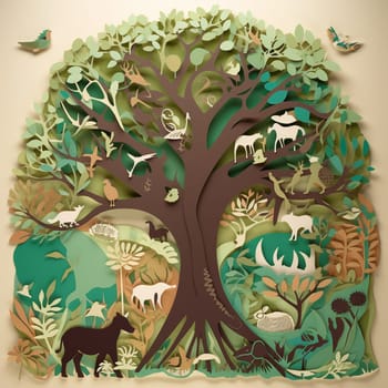 This image features a paper cutout of a tree rendered in shades of green and brown, surrounded by a variety of other plant and animal cutouts arranged in a flowing, organic pattern. The overall effect is visually striking and informative, highlighting the importance of protecting our planet's ecosystems.