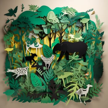 This image features a series of paper cutouts of various endangered animals rendered in a variety of bright colors, arranged in a flowing, organic pattern against a backdrop of a lush green forest. The overall effect is visually striking and informative, highlighting the importance of protecting endangered species and their habitats.