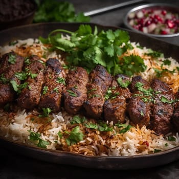 Capture the essence of Iranian cuisine with this close-up shot of Chelow Kabab, a succulent rice and kebab dish. The dish features juicy and flavorful skewered pieces of marinated beef or lamb, served over a bed of fluffy and buttery basmati rice. Garnished with fresh parsley leaves and served with a side of grilled tomatoes, this dish is perfect for a sophisticated and elegant mood. The warm, diffused lighting and classic wooden furniture of the dining room scene enhance the refined atmosphere.