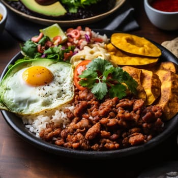 Experience the vibrant flavors and festive atmosphere of a Colombian Bandeja Paisa (mixed platter) in this close-up shot. The dish features a hearty combination of rice, beans, ground meat, chorizo, fried egg, plantains, and avocado, all arranged artfully on a large plate. The dish is garnished with finely chopped cilantro leaves and lime wedges for added freshness. In the background, there's a lively street market scene, with colorful vendors and cheerful music adding to the festive atmosphere. The bright, natural lighting with a reflector enhances the texture and colors of the food, creating a lively and celebratory mood.