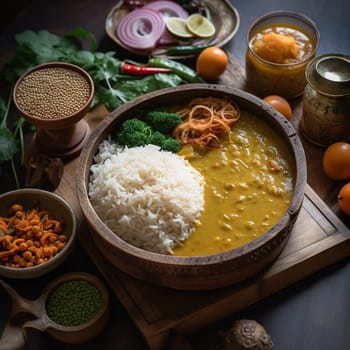 Capture the essence of Nepalese cuisine with this fragrant close-up shot of Dal Bhat, a steaming hot lentil soup served over a bed of fluffy and aromatic rice. Flavored with spices like cumin, coriander, and turmeric, the dish is accompanied by various side dishes, including pickles, chutneys, and papadums. In the cozy and welcoming dining room scene, the warm colors and soft lighting add to the comforting atmosphere. The warm, diffused lighting and the use of a reflector help to highlight the texture and colors of the food, creating a cozy and comforting mood.