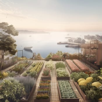 This image captures the potential for urban farming to bring people closer to nature and the environment. It shows an urban farm located on the coast, with stunning views of the ocean stretching out in every direction. The image conveys a sense of serenity and tranquility, highlighting the restorative power of nature and the importance of sustainability in urban living.