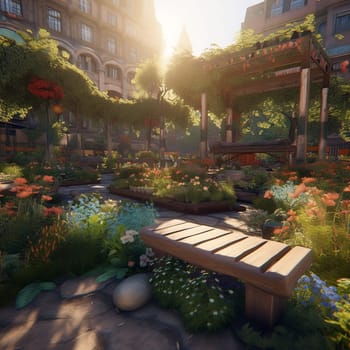This image captures the beauty and vibrancy of urban gardening, showcasing how even in the most unlikely places, nature can thrive. The garden is filled with vibrant flowers and thriving vegetables, surrounded by colorful pipes that have been repurposed as planters. The whole scene is bathed in warm sunlight, providing a serene and peaceful escape from the hustle and bustle of the city.