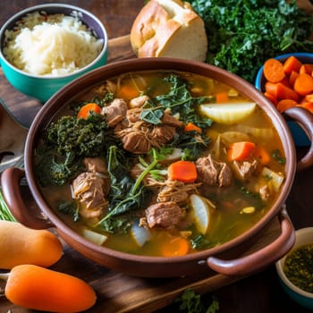This close-up shot captures the colorful and aromatic taste of Malagasy Romazava, a meat and vegetable stew made with a variety of meats (usually beef or pork) and vegetables (such as spinach, carrots, and onions) cooked in a flavorful broth with garlic, ginger, and other spices. The Romazava is often served with a side of rice or other starchy dishes. The vibrant and bustling outdoor scene in the background adds to the lively atmosphere, with bright colors and natural lighting enhancing the mood. The use of bright, natural lighting with a diffuser highlights the colors and aromas of the stew, creating a lively and flavorful mood.
