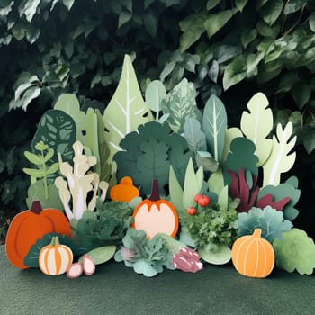 This image features a series of paper cutouts of different types of food arranged in a flowing, organic pattern against a backdrop of a green garden. The overall effect is visually striking and informative, highlighting the importance of sustainable agriculture and reducing food waste.