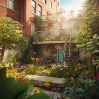 This image captures the beauty and vibrancy of urban gardening, showcasing how even in the most unlikely places, nature can thrive. The garden is filled with vibrant flowers and thriving vegetables, surrounded by colorful pipes that have been repurposed as planters. The whole scene is bathed in warm sunlight, providing a serene and peaceful escape from the hustle and bustle of the city.