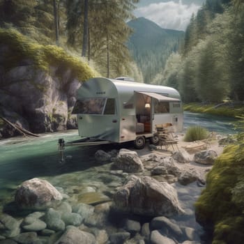 Experience the beauty of riverside living with this image of a camper trailer parked on the edge of a crystal-clear river, surrounded by lush greenery and a rocky shoreline. The trailer's large windows provide stunning views of the river, offering a front-row seat to the beauty of nature. A set of fishing rods are visible inside the trailer, inviting you to spend a lazy afternoon casting your line into the river. A small fire pit is set up outside the trailer, providing a cozy spot to gather around on cool evenings and toasting marshmallows. This is the perfect location for a riverside retreat and a fishing enthusiast.