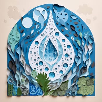 This image features a paper cutout of a water droplet rendered in shades of blue, surrounded by a variety of other environmental cutouts arranged in a flowing, organic pattern. The overall effect is visually striking and informative, highlighting the importance of water conservation and protecting our planet's water resources.
