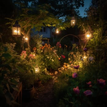 This image captures the enchantment and wonder that can come from a garden glowing with light in the darkness of night, with twinkling fairy lights and glowing lanterns casting a warm glow over the plants and flowers. The garden is transformed into a magical and ethereal space, and the image conveys the sense of peace and tranquility that comes from being surrounded by nature in the darkness of night.