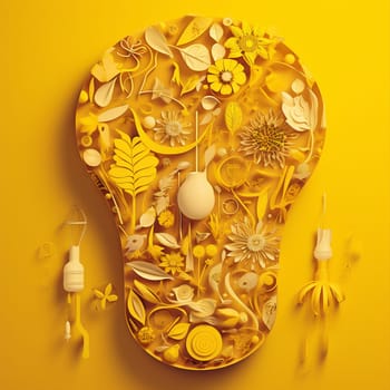 This image features a paper cutout of a light bulb rendered in shades of yellow, surrounded by a variety of other energy-related cutouts arranged in a flowing, organic pattern. The overall effect is visually striking and informative, highlighting the importance of reducing our energy consumption and promoting sustainable energy practices.