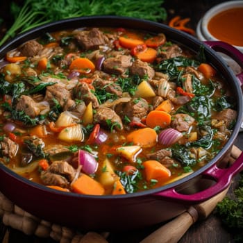This close-up shot captures the colorful and aromatic taste of Malagasy Romazava, a meat and vegetable stew made with a variety of meats (usually beef or pork) and vegetables (such as spinach, carrots, and onions) cooked in a flavorful broth with garlic, ginger, and other spices. The Romazava is often served with a side of rice or other starchy dishes. The vibrant and bustling outdoor scene in the background adds to the lively atmosphere, with bright colors and natural lighting enhancing the mood. The use of bright, natural lighting with a diffuser highlights the colors and aromas of the stew, creating a lively and flavorful mood.