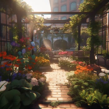 This image captures the beauty and vibrancy of urban gardening, showcasing how even in the most unlikely places, nature can thrive. The garden is filled with vibrant flowers and thriving vegetables, surrounded by colorful pipes that have been repurposed as planters. The whole scene is bathed in warm sunlight, providing a serene and peaceful escape from the hustle and bustle of the city.