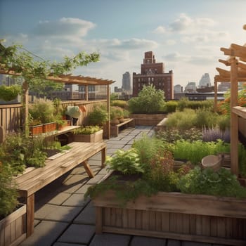 This image captures the beauty of a rooftop garden high above the city streets, with panoramic views of the skyline stretching out in every direction. The garden is filled with raised beds overflowing with fresh vegetables, and there are cozy seating areas where people can relax and take in the view. The image conveys the sense of escape and tranquility that comes from being above the hustle and bustle of the city, surrounded by nature and breathtaking views.