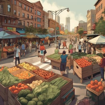 This image captures the importance of local, sustainable farming practices in an urban setting, showing a bustling farmer's market in the midst of a busy city street, with vendors selling fresh produce and handmade goods. The market is a testament to the power of community and the importance of connecting people to the source of their food, and the image conveys the sense of abundance and sustainability that comes from supporting local farmers and producers.