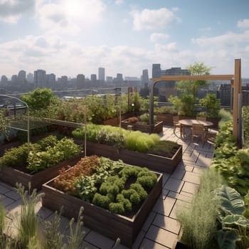 This image captures the beauty of a rooftop garden high above the city streets, with panoramic views of the skyline stretching out in every direction. The garden is filled with raised beds overflowing with fresh vegetables, and there are cozy seating areas where people can relax and take in the view. The image conveys the sense of escape and tranquility that comes from being above the hustle and bustle of the city, surrounded by nature and breathtaking views.