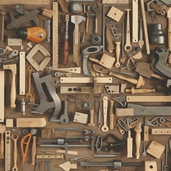 Explore the world of woodworking with this image showcasing a variety of tools and materials, including saws, chisels, hammers, measuring tapes, wood shavings, and different types of wood.