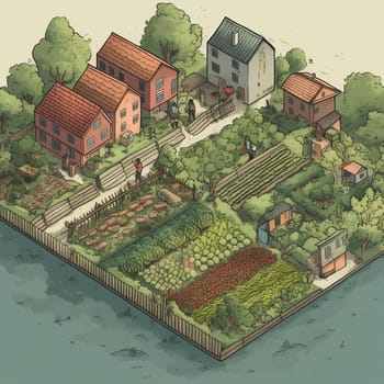 This image captures the balance between urban and rural living, showing an urban farm located on the outskirts of the city and surrounded by natural landscapes like forests or mountains. The image conveys the sense of harmony and connection that comes from bringing together urban farming and nature, and highlights the potential for urban farming to bring people closer to the land and to the natural world.