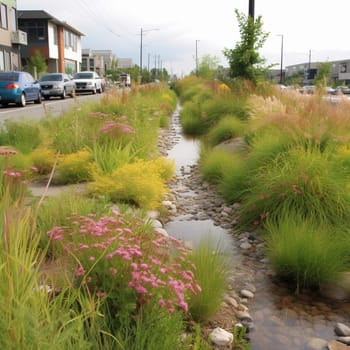This image depicts a rain garden or bioswale designed to capture and treat stormwater runoff. It encourages the use of these green infrastructure practices to conserve water and protect water quality. Stormwater runoff is a major source of water pollution, and green infrastructure practices such as rain gardens and bioswales can help to reduce the impact of runoff on water quality. These practices use plants and soil to capture and treat stormwater, reducing the amount of runoff that enters waterways and promoting groundwater recharge. By promoting the use of rain gardens and bioswales, this image encourages viewers to take action to conserve water and protect water quality. This image represents the potential for green infrastructure to create positive change and promote environmental stewardship.