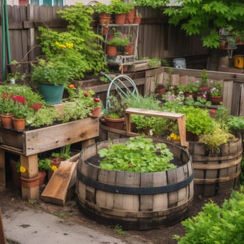 Experience the creativity and resourcefulness of urban gardening with this image of a garden filled with repurposed materials like old pallets, wine barrels, and discarded furniture. The DIY aesthetic of this garden showcases the potential for beauty to emerge from unexpected places and inspires a sense of ingenuity and self-sufficiency.