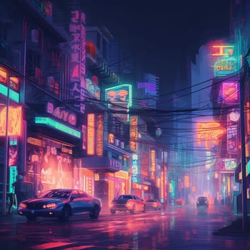 This image depicts a city street at night, with neon signs and billboards glowing brightly. The signs are rendered in bold, bright colors, creating a sense of energy and movement.