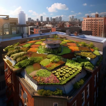 This image captures the creativity and innovation of urban farming practices, showing a rooftop farm growing not just traditional crops, but also unconventional ones like mushrooms or edible flowers. The farm is a testament to the power of imagination and resourcefulness in finding new ways to grow plants in urban environments, and the image conveys the sense of excitement and wonder that comes from discovering unique and unexpected crops in unexpected places.