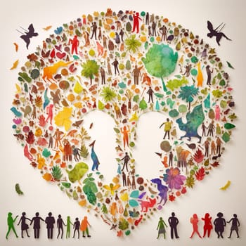 This image features a paper cutout of a person surrounded by a variety of other people cutouts, all working together to protect the environment. The people are rendered in bright colors and arranged in a flowing, organic pattern, emphasizing the importance of collective action in protecting our planet.