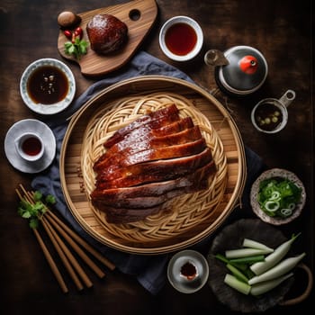 Behold the impressive sight of a whole roasted Chinese Peking Duck in this overhead shot. Expertly carved into thin slices and arranged on a platter, the duck is accompanied by thin pancakes, scallions, and hoisin sauce, arranged neatly on a wooden board. In the background, there's a bustling Chinese restaurant scene, with colorful decorations and lively chatter adding to the festive atmosphere. The dramatic, diffused lighting with a reflector highlights the details and colors of the dish, creating an elegant and refined mood.