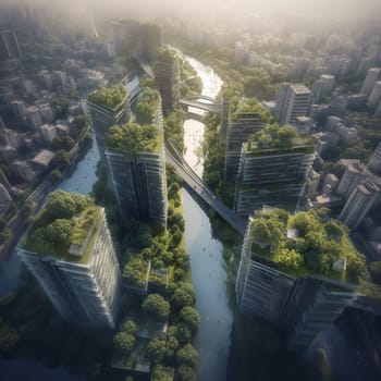 This image depicts a bustling city with green rooftops, lush vertical gardens, and a river flowing through the heart of the metropolis. It showcases the importance of water conservation and sustainable urban planning. The green roofs and vertical gardens help reduce heat and carbon emissions, improve air quality, and provide habitats for urban wildlife. The river serves as a natural ecosystem and provides the city with a reliable source of water for various needs. This image represents a sustainable future for cities around the world.