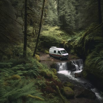 Escape to the peace and quiet of nature with this image of a camper van parked in a quiet forest clearing, with a small stream and a waterfall visible in the background. The van's exterior is covered in moss and ferns, blending seamlessly into the natural surroundings and becoming one with the environment. A pair of hiking boots and a backpack are visible on the ground, suggesting a day spent exploring the nearby trails and discovering the beauty of the forest. This is the perfect location for hikers, nature lovers, and anyone seeking the tranquility and beauty of the great outdoors.