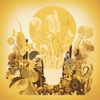 This image features a paper cutout of a light bulb rendered in shades of yellow, surrounded by a variety of other energy-related cutouts arranged in a flowing, organic pattern. The overall effect is visually striking and informative, highlighting the importance of reducing our energy consumption and promoting sustainable energy practices.