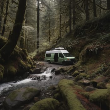 Escape to the peace and quiet of nature with this image of a camper van parked in a quiet forest clearing, with a small stream and a waterfall visible in the background. The van's exterior is covered in moss and ferns, blending seamlessly into the natural surroundings and becoming one with the environment. A pair of hiking boots and a backpack are visible on the ground, suggesting a day spent exploring the nearby trails and discovering the beauty of the forest. This is the perfect location for hikers, nature lovers, and anyone seeking the tranquility and beauty of the great outdoors.