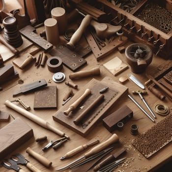 See the complexity of the woodworking process with this image showcasing a variety of tools and materials arranged in an aesthetically pleasing and organized manner. Get a glimpse of the range of equipment used in woodworking.