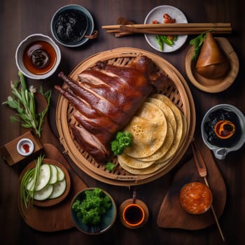 Behold the impressive sight of a whole roasted Chinese Peking Duck in this overhead shot. Expertly carved into thin slices and arranged on a platter, the duck is accompanied by thin pancakes, scallions, and hoisin sauce, arranged neatly on a wooden board. In the background, there's a bustling Chinese restaurant scene, with colorful decorations and lively chatter adding to the festive atmosphere. The dramatic, diffused lighting with a reflector highlights the details and colors of the dish, creating an elegant and refined mood.