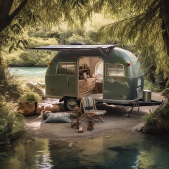 Experience the beauty of riverside living with this image of a camper trailer parked on the edge of a crystal-clear river, surrounded by lush greenery and a rocky shoreline. The trailer's large windows provide stunning views of the river, offering a front-row seat to the beauty of nature. A set of fishing rods are visible inside the trailer, inviting you to spend a lazy afternoon casting your line into the river. A small fire pit is set up outside the trailer, providing a cozy spot to gather around on cool evenings and toasting marshmallows. This is the perfect location for a riverside retreat and a fishing enthusiast.