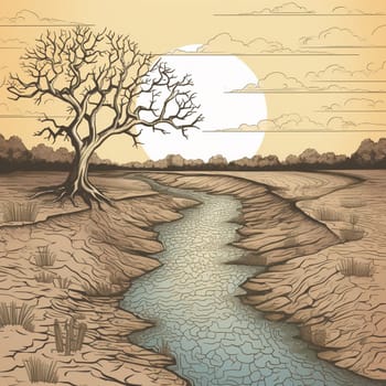 This image depicts a dry riverbed or lake to illustrate the impact of water scarcity on the environment and local communities. It raises awareness about the urgent need to conserve water resources. Water scarcity is a global issue that affects billions of people, and it can have devastating impacts on ecosystems, agriculture, and human health. By depicting the stark reality of water scarcity, this image encourages viewers to take action to reduce their water use and promote sustainability. This image represents the potential for awareness-raising to create positive change and promote environmental stewardship.