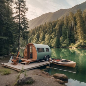 This stunning image features a camper trailer parked on the edge of a serene lake, surrounded by a dense forest and a mountain range visible in the background. The trailer's large windows provide stunning views of the lake and the surrounding scenery, bringing the beauty of nature indoors. A small boat dock extends from the shore, offering a convenient spot to launch a kayak or paddleboard and explore the tranquil waters. Outside the trailer, a small campfire is visible, providing a cozy and inviting spot to gather around and enjoy the peacefulness of the evening.