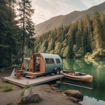 This stunning image features a camper trailer parked on the edge of a serene lake, surrounded by a dense forest and a mountain range visible in the background. The trailer's large windows provide stunning views of the lake and the surrounding scenery, bringing the beauty of nature indoors. A small boat dock extends from the shore, offering a convenient spot to launch a kayak or paddleboard and explore the tranquil waters. Outside the trailer, a small campfire is visible, providing a cozy and inviting spot to gather around and enjoy the peacefulness of the evening.