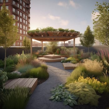 Experience the potential for health and wellness in the midst of the city with this image of an urban farm featuring a dedicated space for meditation or yoga. Surrounded by lush plants and a calming water feature, this space provides a peaceful retreat for urban dwellers to connect with nature and cultivate inner peace.