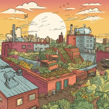 Experience the potential for sustainability in the city with this image of a rooftop farm that encourages community members to participate in a composting program. By bringing their food scraps and other organic waste, they contribute to a closed-loop system that promotes circular economies and reduces waste. The image showcases the beauty of urban farming and the importance of community involvement in promoting sustainable practices.