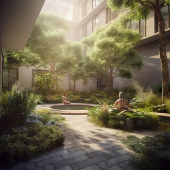 Experience the potential for health and wellness in the midst of the city with this image of an urban farm featuring a dedicated space for meditation or yoga. Surrounded by lush plants and a calming water feature, this space provides a peaceful retreat for urban dwellers to connect with nature and cultivate inner peace.