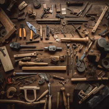 Explore the world of woodworking with this image showcasing a variety of tools and materials, including saws, chisels, hammers, measuring tapes, wood shavings, and different types of wood.