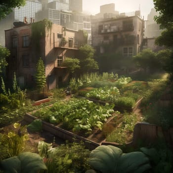 This image captures the resilience and perseverance of urban gardening. It shows a garden growing in the midst of a partially destroyed urban area, filled with plants that thrive in harsh conditions. The image conveys a sense of hope and determination in the face of adversity, highlighting the power of nature to heal and rejuvenate even in the most challenging of environments.