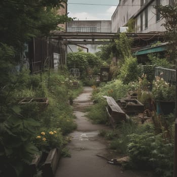 Witness the beauty and resilience of nature with this image of a garden growing in an abandoned lot or space. This garden is filled with plants and flowers that have taken root on their own, transforming the neglected space into a lush oasis. The image captures the potential for urban gardening to bring new life and purpose to unused areas.