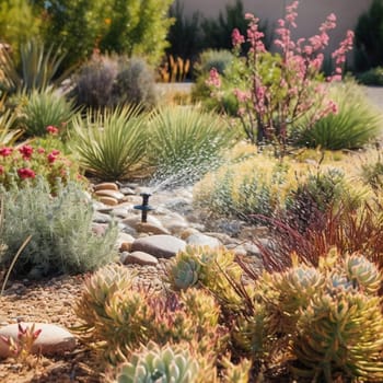This image depicts a drought-resistant garden or landscape that doesn't require excessive watering. It encourages homeowners and businesses to adopt water-wise landscaping practices to reduce water consumption. Landscaping can be a significant source of water use, and traditional landscaping practices often require excessive watering and fertilization. However, by adopting water-wise landscaping practices, such as planting drought-resistant plants, using mulch, and minimizing turf grass areas, we can significantly reduce our water consumption while maintaining a beautiful and functional landscape. This image represents the potential for water-wise landscaping practices that conserve water and promote environmental sustainability.